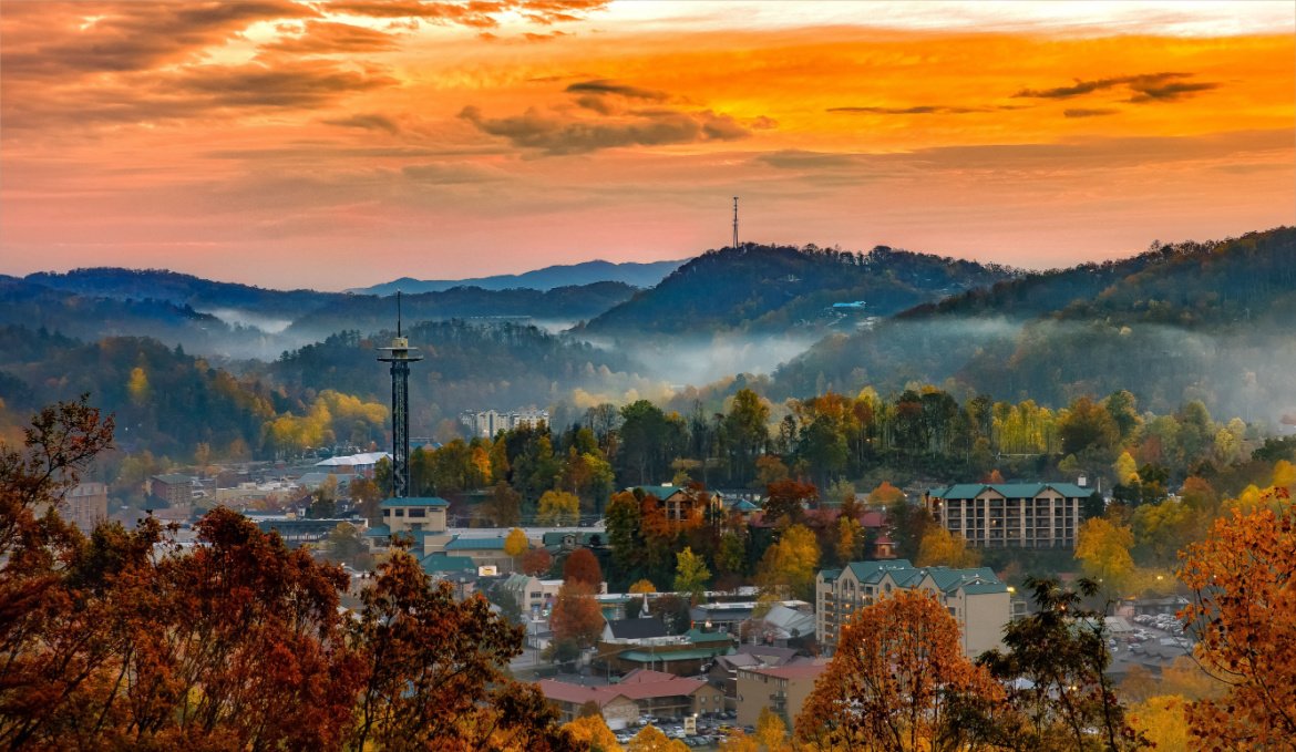 The cityscape of Gatlinburg with fog lifting